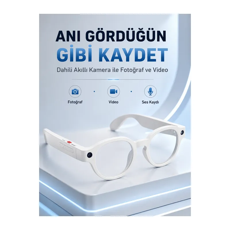 Beyaz Bluetooth Akıllı Gözlük Dahili Kameralı Fotoğraf Video Kayıt Yapay Zeka Çeviri Dokunmatik Kontrol Özellikli