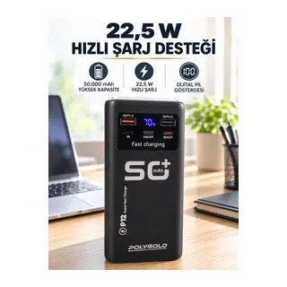 Yüksek Kapasiteli 50.000 mAh Powerbank 22,5 W Hızlı Şarj 4 Dahili Kablo LED Aydınlatma