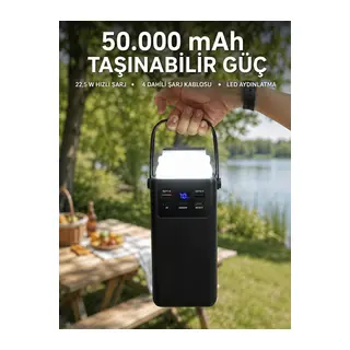 LED Aydınlatmalı Powerbank 50.000 mAh 22,5 W Hızlı Şarj 4 Dahili Kablolu Dijital Pil Göstergeli Batarya
