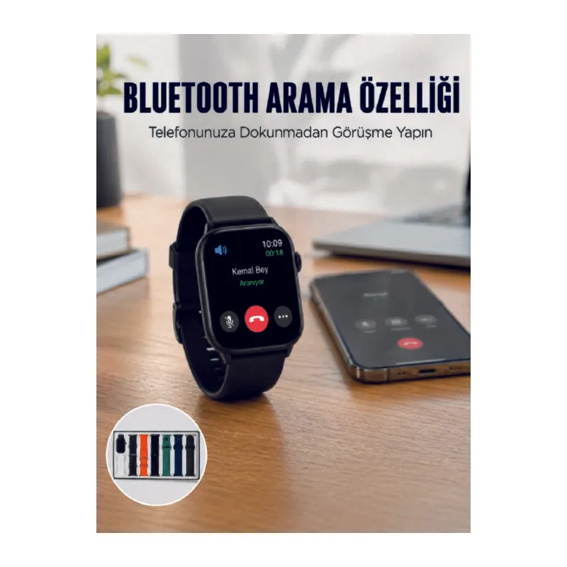 Akıllı Saat 7 Kordonlu Bluetooth Aramalı Nabız ve Dokunmatik Akıllı Saat