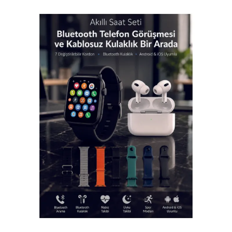 Bluetooth Telefon Görüşmeli Akıllı Saat Seti Kablosuz Bluetooth Kulaklık 7 Değiştirilebilir Kordon