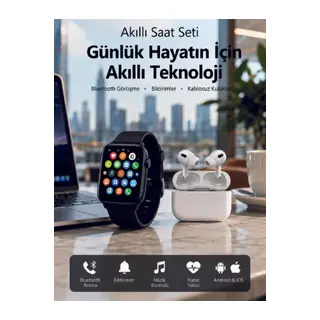 Bluetooth Arama Özellikli Akıllı Saat Seti Kablosuz Kulaklık Hediyeli, Android & iOS Uyumlu