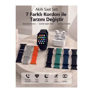 Bluetooth Görüşme Destekli Akıllı Saat Seti Kablosuz Kulaklık, 7 Kordon ve Çoklu Spor Modu