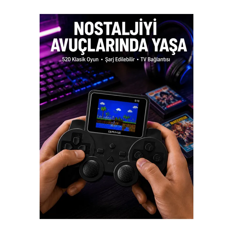 Şarjlı Retro Gamepad Oyun Konsolu 520 Oyunlu TV Çıkışlı El Konsolu