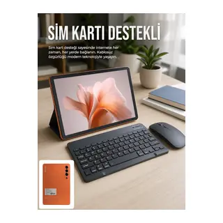 SIM Kart Destekli Android Tablet Bluetooth Klavye ve Kablosuz Mouse Seti Geniş Ekran Taşınabilir Tasarım