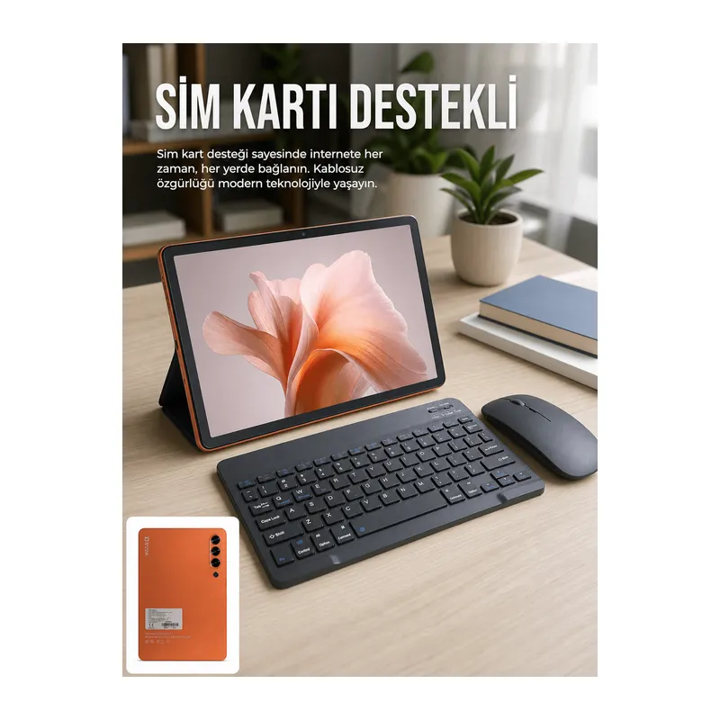 SIM Kart Destekli Android Tablet Bluetooth Klavye ve Kablosuz Mouse Seti Geniş Ekran Taşınabilir Tasarım