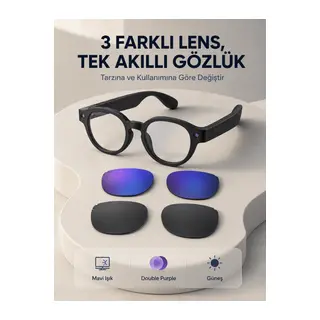 Siyah Akıllı Kamera Gözlüğü Fotoğraf Video Çekimli Yapay Zeka Destekli Bluetooth Çoklu Dil Çeviri 3 Lensli