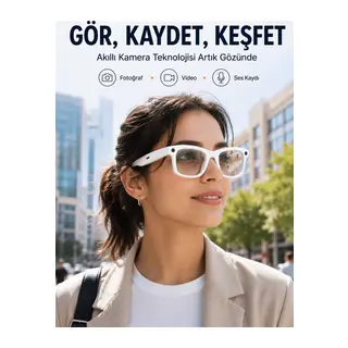 Beyaz Akıllı Kamera Gözlüğü Fotoğraf Video Çekimli Bluetooth Aramalı AI Destekli 3 Değiştirilebilir Lensli