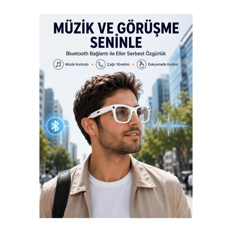 Kameralı Akıllı Gözlük Bluetooth Telefon Görüşmeli Video Fotoğraf Kayıtlı AI Çeviri Destekli Dokunmatik Kontrollü