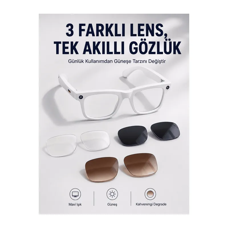 Yapay Zeka Destekli Akıllı Gözlük Dahili Kameralı Bluetooth Müzik ve Arama Özellikli Ses Kontrollü Değiştirilebilir Lensli