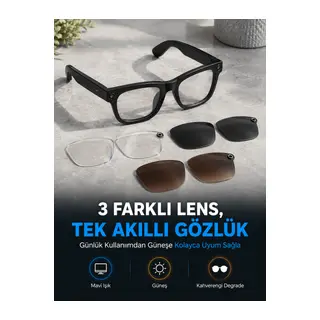 Siyah Akıllı Kamera Gözlüğü Fotoğraf Video Çekimli Bluetooth Aramalı AI Destekli 3 Değiştirilebilir Lensli