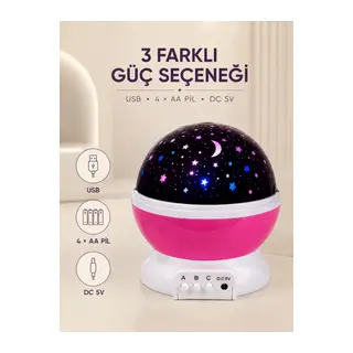 Pembe Yıldızlı Gece Lambası Döner Gökyüzü Projeksiyon Işığı