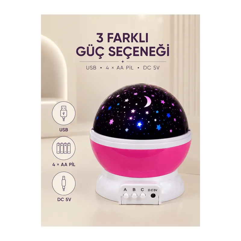 Pembe Yıldızlı Gece Lambası Döner Gökyüzü Projeksiyon Işığı