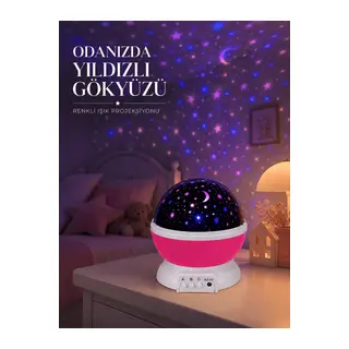 Pembe Döner Yıldız Projektörü USB ve Pilli Kullanımlı Gece Lambası