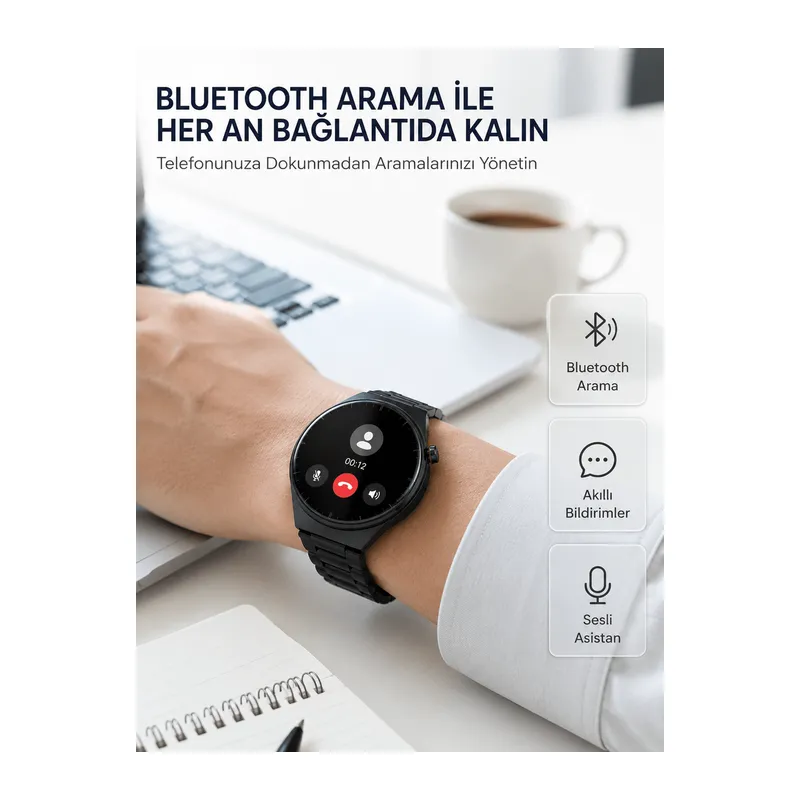Akıllı Saat Android ve iOS Uyumlu Bluetooth Arama, AMOLED HD Ekran ve 3'lü Kordon Seti