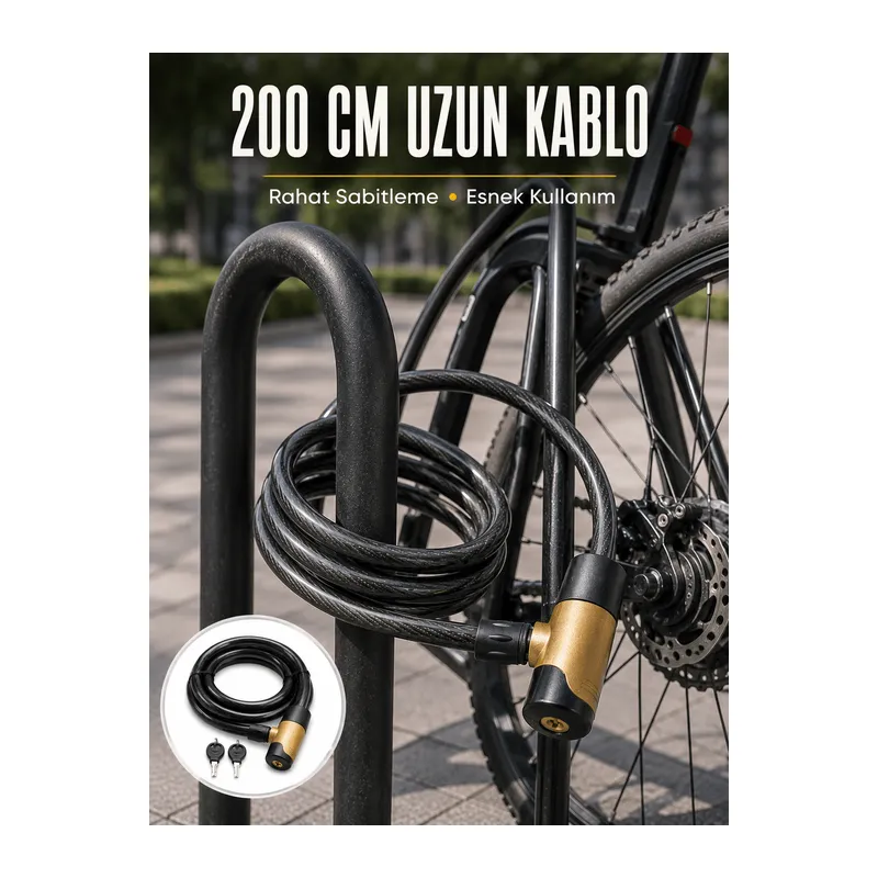 24 mm Kalın Çelik Halatlı Motosiklet ve Bisiklet Kilidi 200 cm Anahtarlı Güvenlik Kilidi