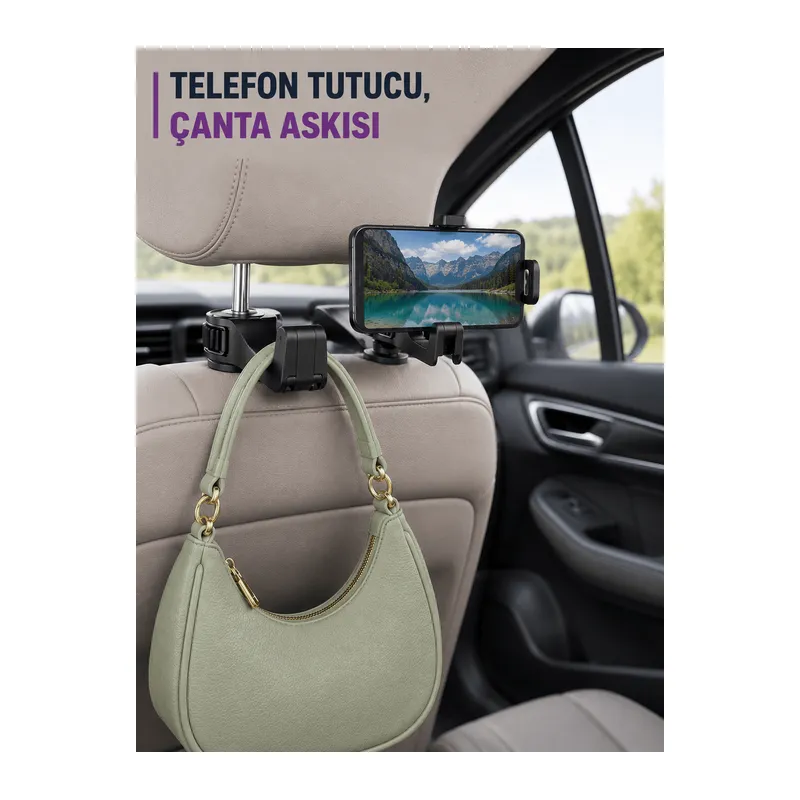Araç Koltuk Arkası Telefon Tutucu ve Çanta Askısı Aparatı