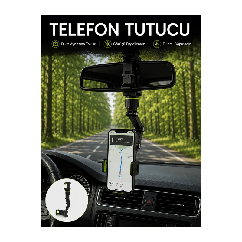 Araç İçi Dikiz Aynası Telefon Tutucu 360° Dönebilen Katlanabilir