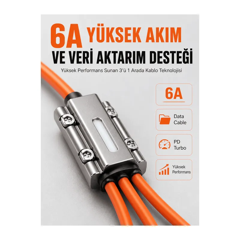 120W Hızlı Şarj Destekli 3'ü 1 Arada Çok Amaçlı Şarj ve Veri Aktarım Kablosu
