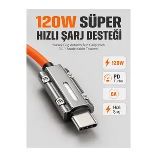 LED Göstergeli 120W PD Turbo Destekli Premium 3'ü 1 Arada Şarj Kablosu