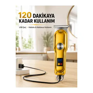 Profesyonel Saç Sakal Tıraş Makinesi T Bıçaklı Turbo Modlu LED Ekranlı 3 Taraklı Şarjlı