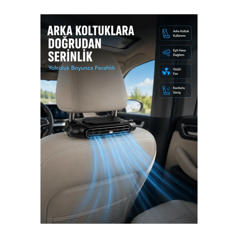 Koltuk Başlığına Takılan Araç Soğutucu Fan Ayarlanabilir 3 Hız Kademeli