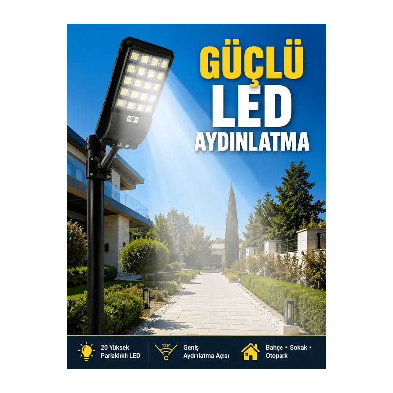 Hareket Sensörlü Solar LED Aydınlatma 3 Modlu Uzaktan Kumandalı Bahçe Lambası