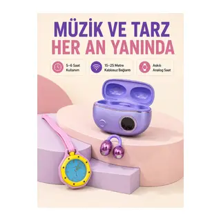 Mor Kablosuz Stereo Kulaklık ve Pembe Askılı Analog Çanta Saati Günlük Kullanım İkili Fırsat Seti