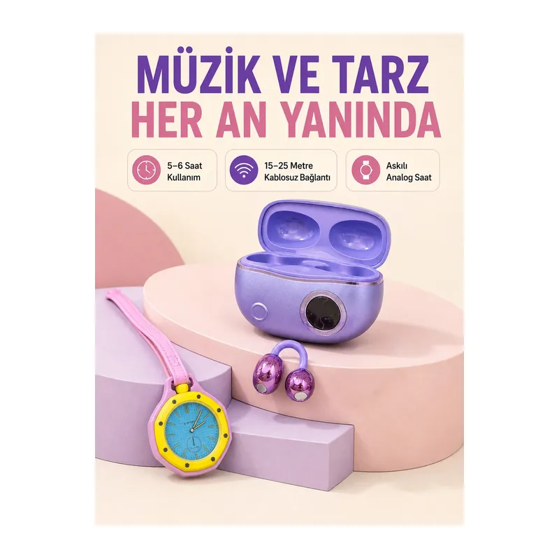 Mor Kablosuz Stereo Kulaklık ve Pembe Askılı Analog Çanta Saati Günlük Kullanım İkili Fırsat Seti