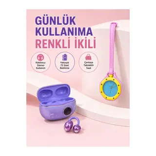 Şarj Kutulu Kablosuz Kulaklık ve Pembe Çanta Charm Analog Saat Seti Müzik ve Aksesuar Bir Arada