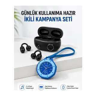 Kablosuz Kulaklık Mavi Çanta Aksesuar Saati Kampanyalı Müzik ve Günlük Kullanım Seti