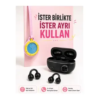 Kablosuz Kulaklık ve Pembe Askılı Çanta Charm Analog Saat Kampanya Seti