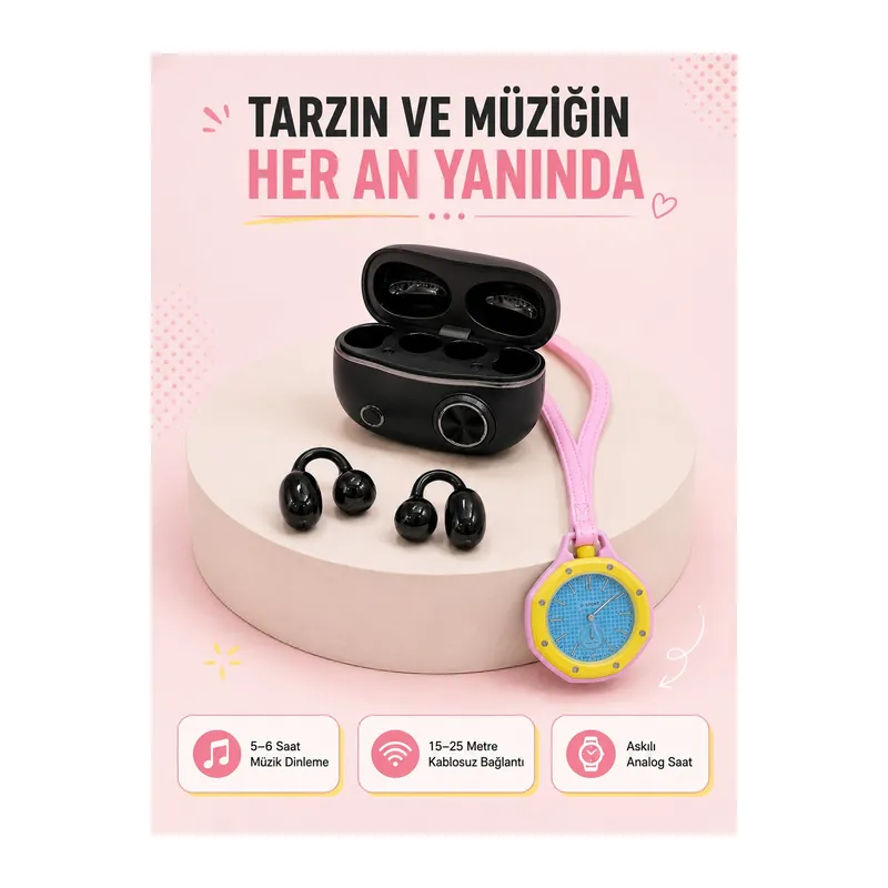 Şarj Kutulu Kablosuz Kulaklık ve Pembe Çanta Charm Saat İkili Fırsat Paketi