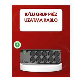 USB Type-C Destekli 10’lu Grup Priz Termal Korumalı 2m Kablo 2500W