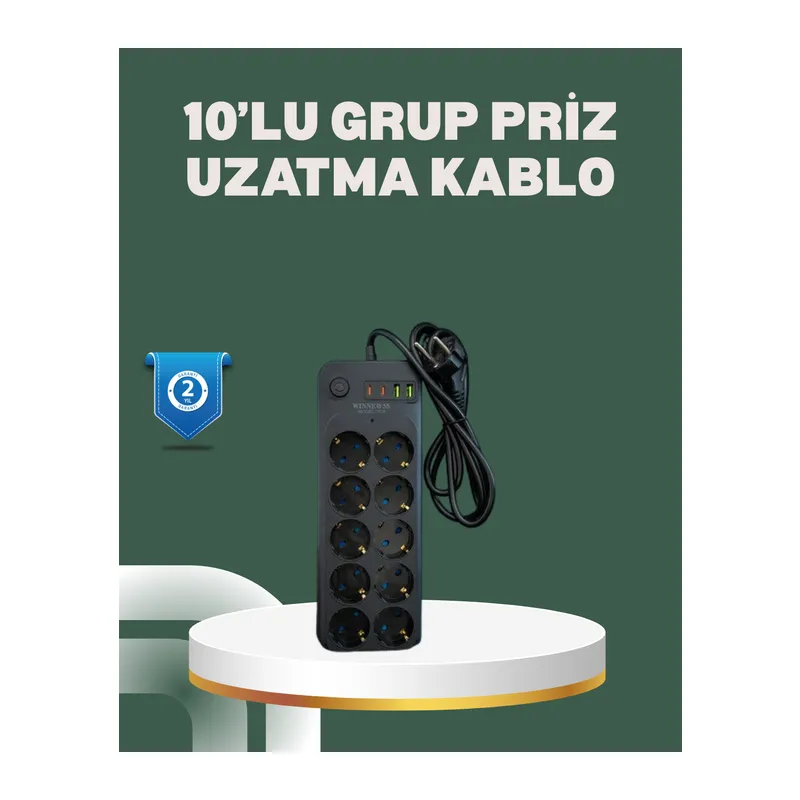 Termal Koruma Sistemli USB Type-C 10’lu Grup Priz 2m 2500W Güç Kapasiteli