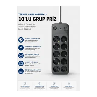 Termal Akım Korumalı USB Type-C Girişli 10'lu Grup Priz 2500W Güç Kapasitesi (Kopya)