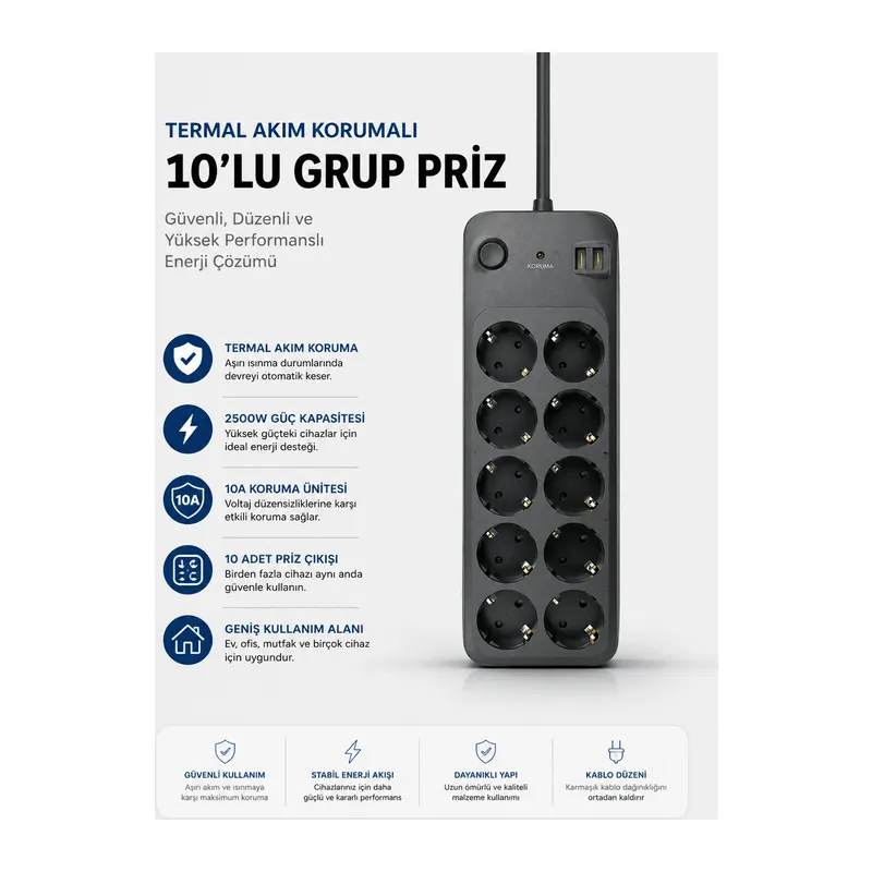 Termal Akım Korumalı USB Type-C Girişli 10'lu Grup Priz 2500W Güç Kapasitesi (Kopya)