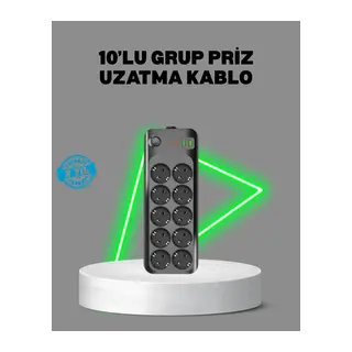 Termal Akım Korumalı 10’lu Grup Priz USB Type-C Hızlı Şarj 2500W 2m Kablo