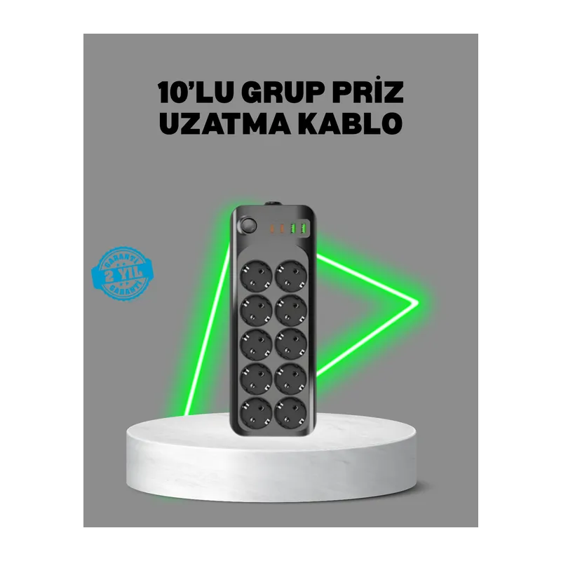 Termal Akım Korumalı 10’lu Grup Priz USB Type-C Hızlı Şarj 2500W 2m Kablo