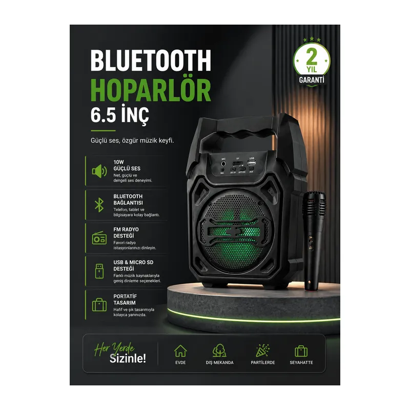 10W Güçlü Ses Performanslı Bluetooth Karaoke Hoparlörü