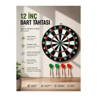12 İnç Ahşap Dart Tahtası 4 Adet Metal Uçlu Dart Oku Dahil