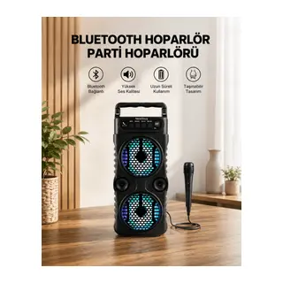 LED Işıklı Bluetoothlu Hoparlör Mikrofonlu Taşınabilir Ses Sistemi