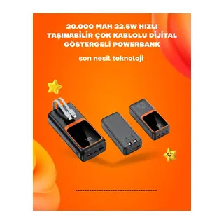 Powerbank 20000 mAh | 22.5W Hızlı Şarj, Dahili Kablolu, LCD Ekranlı Şarj Cihazı