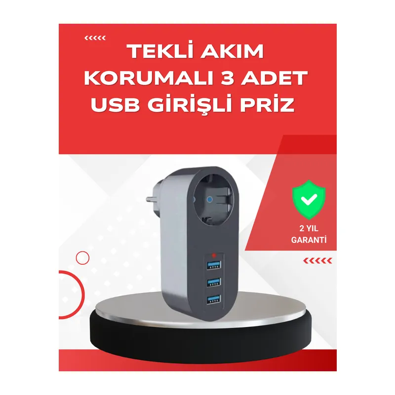 2500W Güç Destekli Akım Korumalı Priz – 3 USB Çıkışlı