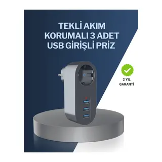 Çocuk Korumalı Termal Priz – 3'lü USB Şarj ve Akım Koruması