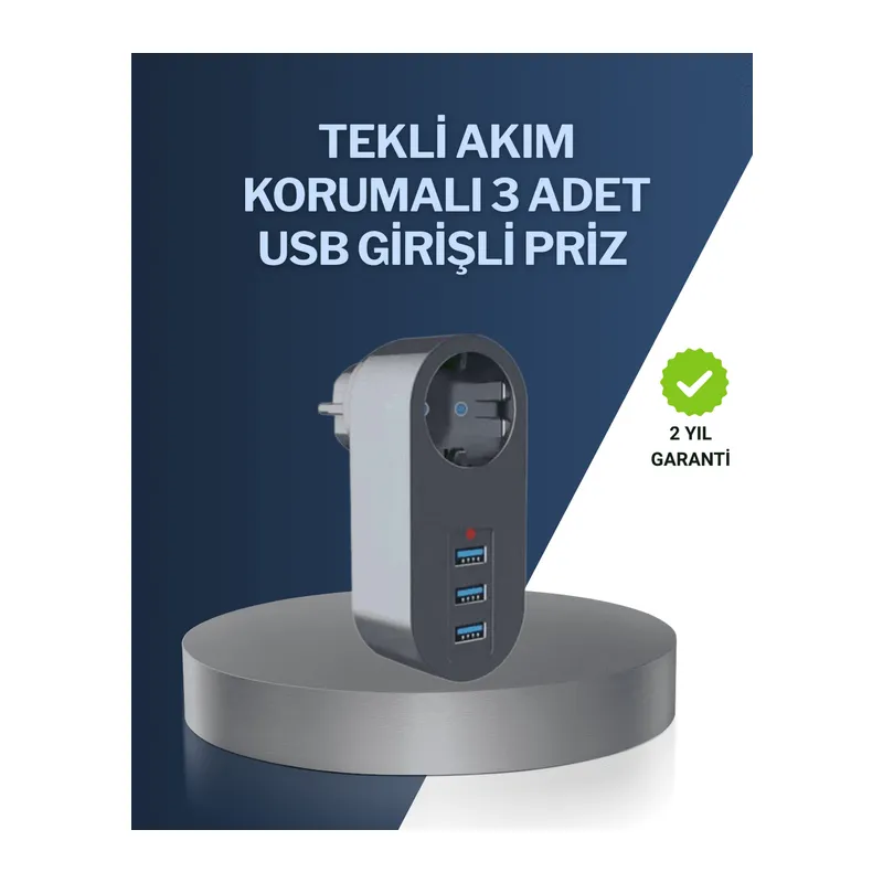 Çocuk Korumalı Termal Priz – 3'lü USB Şarj ve Akım Koruması