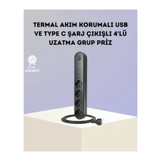 Akım Korumalı Çoklu Priz 4’lü 2 USB 1 Type-C 2500W Güçlü Tasarım
