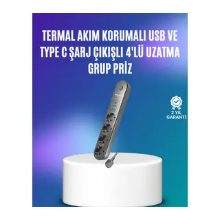 4’lü Çoklu Priz 2 USB Type-C Girişli Akım Korumalı Siyah