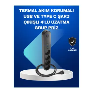 Akıllı Akım Dengelemeli 4’lü Çoklu Priz Type-C ve USB Çıkışlı
