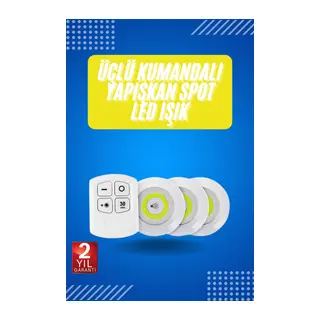 Yapışkanlı 3'lü Spot Led Işık Lamba Montajsız Pilli Uzaktan Kumandalı